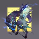  artist_request blue_eyes bow date hooves kindred lamb_(league_of_legends) league_of_legends mask no_humans simple_background white_hair wolf_(league_of_legends) 