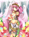  angel_wings bare_shoulders benitsuki_tsubasa blush bouquet breasts bug butterfly cherry_blossoms cleavage collarbone commentary_request detached_sleeves earrings field flower flower_field groin hairband halterneck hip_vent insect jewelry long_hair makai_gakuen_catastrophe medium_breasts navel official_art original petals pink_eyes pink_hair pink_wings sarong sideboob smile solo sparkle standing wings 