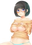  aqua_panties areolae bad_id bad_pixiv_id bare_shoulders black_hair blue_eyes blush breast_suppress breasts collarbone glasses large_breasts meme_attire navel nezumidoshi open-chest_sweater open_mouth original panties plump red-framed_eyewear short_hair simple_background sleeves_past_wrists solo sweater underwear white_background you're_doing_it_wrong 