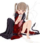  1girl barefoot blonde_hair cum decensored ejaculation fangs flat_chest futanari hat open_mouth penis solo spread_legs tail tongue twintails uncensored vampire yozora 