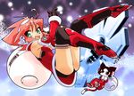  animal_ears ass boots cat cat_ears commentary_request detached_sleeves full_body gloves green_eyes kokono_(section9) looking_at_viewer noritaka_suzuki open_mouth pink_hair sack santa_costume section9 short_hair snow solo thigh_boots thighhighs 