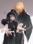  1boy 1girl ? arm_around_another's_waist belt black_hair black_kimono bleach flat_chest grey_background hair_between_eyes hair_over_eyes hetero holding_another's_wrist japanese_clothes kimono kuchiki_rukia kurosaki_ichigo orange_hair parted_lips purple_eyes shihakusho short_hair spiked_hair spoken_question_mark takenokoqvq veins veiny_hands white_belt wide_sleeves 