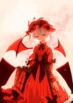  alternate_costume backlighting bat_wings closed_eyes dress harrymiao hat highres mob_cap moon puffy_sleeves remilia_scarlet ribbon short_hair short_sleeves skirt_hold solo touhou wings wrist_cuffs 