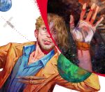  1boy beard beard_stubble blonde_hair casual commentary earth_(planet) facial_hair galaxy highres in_orbit male_focus messy_hair planet project_hail_mary rocket_ship ryland_grace sgkg108 solo spacecraft stubble 
