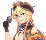  :d ahoge alternate_costume america american_flag bandana blonde_hair blue_eyes breasts cleavage commentary_request cowboy_hat flag_print food food_on_face gloves grin gun hair_between_eyes hamburger handgun hat headgear holding holding_food holding_gun holding_weapon ido_(teketeke) iowa_(kantai_collection) kantai_collection large_breasts long_hair looking_at_viewer open_mouth revision revolver simple_background smile solo sparkle star star-shaped_pupils symbol-shaped_pupils trigger_discipline twitter_username upper_body v-shaped_eyebrows vest weapon western white_background 