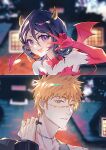  1boy 1girl bare_shoulders black_hair bleach blurry blurry_background bolt_in_neck choker demon_costume demon_horns demon_tail demon_wings frankenstein's_monster_costume gloves hair_between_eyes hand_on_own_neck highres horns kuchiki_rukia kurosaki_ichigo medium_hair official_alternate_costume open_mouth orange_eyes orange_hair parted_lips purple_eyes red_choker red_gloves red_wings short_hair smile spiked_hair stitched_face stitched_neck stitches tail takenokoqvq upper_body v wings 