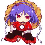  blush chibi hair_ornament mirror open_mouth pandamonium purple_hair red_eyes rope shimenawa solo touhou waraji white_background yasaka_kanako 