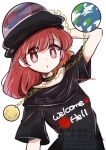  1girl black_shirt chain clothes_writing commentary earth_(ornament) gold_chain hecatia_lapislazuli highres long_hair looking_at_viewer moon_(ornament) red_eyes red_hair shirt short_sleeves simple_background solo tama_(hiroshige_36) touhou twitter_username underworld_(ornament) watermark white_background 