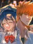  1boy 1girl black_hair bleach bow bowtie closed_eyes collared_shirt hair_between_eyes highres jacket_on_head kuchiki_rukia kurosaki_ichigo laughing looking_at_another open_mouth orange_eyes orange_hair parted_lips red_bow red_bowtie school_uniform shirt short_hair smile spiked_hair takenokoqvq undershirt upper_body wet white_shirt 