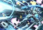  battle beam_cannon bit_(gundam) cannon commentary debris exhaust explosion firing glowing glowing_eyes green_eyes gundam gundam_calibarn gundam_suisei_no_majo highres holding holding_cannon mecha mobile_suit no_humans robot science_fiction solo space thrusters troy_(oxaa01ex) v-fin 