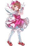  1girl angel_wings antenna_hair beret bow brown_hair cardcaptor_sakura chinese_commentary collared_shirt commentary_request dot_nose dress fake_wings footwear_bow frilled_dress frilled_gloves frilled_sleeves frills full_body gloves green_eyes hair_intakes happy hat hat_bow highres kinomoto_sakura kinomoto_sakura_(magician) kneehighs magical_girl making-of_available medium_dress open_mouth photo-referenced pink_bow pink_dress pink_hat pleated_dress puffy_short_sleeves puffy_sleeves red_bow red_shoes shirt shirt_under_dress shoes short_hair_with_long_locks short_sleeves sidelocks simple_background sleeve_bow smile socks solo standing teeth upper_teeth_only white_background white_bow white_gloves white_shirt white_socks white_wings wings wrist_bow xiao_wubu_ai_huluobo 