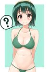  ? arms_behind_back bangs bare_shoulders bikini blunt_bangs border breasts brown_eyes cleavage closed_mouth collarbone cowboy_shot eyebrows eyebrows_visible_through_hair green_background green_bikini green_hair hairband idolmaster idolmaster_(classic) large_breasts looking_at_viewer mole mole_under_mouth navel otonashi_kotori shiny shiny_skin shunichi simple_background skindentation smile solo spoken_question_mark standing stomach swimsuit tareme white_border 