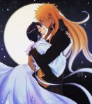  0ccultclub 1boy 1girl arms_around_another's_back black_hair black_jacket black_nails bleach closed_eyes couple earrings full_moon hakka_no_togame_(bankai) hetero highres imminent_kiss jacket japanese_clothes jewelry kimono kuchiki_rukia kurosaki_ichigo layered_sleeves long_hair moon nail_polish official_alternate_costume orange_hair parted_lips short_hair spiked_hair tassel tassel_earrings white_kimono white_nails 