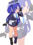  1girl absurdres black_boots black_gloves black_skirt blue_archive blue_eyes blue_hair blue_necktie boots collared_shirt commentary full_body gloves highres looking_at_viewer monster_l_(hochihochiha) necktie open_mouth parted_bangs shirt skirt solo v white_shirt yuuka_(blue_archive) zoom_layer 