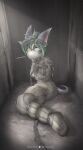 absurd_res bat bdsm big_ears black_hair bodily_fluids bondage bound captured chain chained cloth_gag collar crying dark dirty femboy gag gagged green_eyes green_hair hair hair_bun hi_res kinktober_2022 louna louna_telokey_(telokey-the-bat) male mammal muzzle_(object) otm otn otn_straitsack prison_cell restraints scared shaking sleepsack solo straitjacket straitsack tears tremble_lines trembling victim whimper zerofenrir