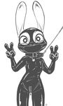 alec8ter anthro blush bodysuit buckteeth clothed clothing collar collar_tag disney female flat_chested front_view gag gagged gimp_suit judy_hopps lagomorph leash looking_at_viewer mammal mask monochrome open_mouth rabbit rubber simple_background skinsuit solo teeth text tight_clothing white_background zipper zootopia 