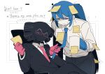  2girls ^_^ another_cup_(synthesizer_v) bilingual_text black_hair black_jacket black_pants black_skin black_suit blue_eyes blue_hair blue_necktie chair closed_eyes clothes_grab collared_shirt colored_skin dress_shirt drill_hair formal_clothes gloves hatsune_miku highres jacket kasane_teto lapels mixed-language_text multiple_girls necktie necktie_grab neckwear_grab no_mouth office_chair office_lady pant_suit pants pink-framed_eyewear pink_gloves pink_necktie role_reversal semi-rimless_eyewear shirt sitting sticky_note suit suit_jacket swivel_chair tsuki_(sakatsuki627) twintails under-rim_eyewear 