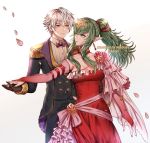  1boy 1girl bare_shoulders blush bracelet breasts cape chiki couple dancing dress elbow_gloves fire_emblem fire_emblem:_kakusei fire_emblem:_monshou_no_nazo formal gloves green_eyes green_hair hair_ornament hair_ribbon hand_holding jewelry large_breasts long_hair male_my_unit_(fire_emblem:_kakusei) mamkute my_unit_(fire_emblem:_kakusei) nintendo pink_dress pointy_ears ponytail red_dress ribbon robe short_hair simple_background smile suit tiara wani_(fadgrith) white_hair 