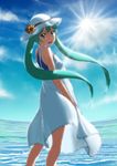  aqua_eyes aqua_hair bare_shoulders day dress hat hatsune_miku highres long_hair looking_at_viewer open_mouth parsue sketch sleeveless sleeveless_dress smile solo sun_hat sundress twintails very_long_hair vocaloid water white_dress 