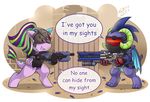  armor cosplay costume crossover dialogue dragon english_text equine eyewear fan_character female goggles helmet horn horse hybrid male mammal mask membranous_wings my_little_pony nerf_gun overwatch pony soldier_76 spade_tail text vavacung video_games weapon widowmaker_(overwatch) wings 