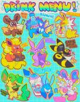  artist_name blue_background bubble_tea coffee commentary drink drinking eevee english_commentary espeon evolutionary_line flareon food fruit glaceon highres icee jolteon leaf_in_mouth leafeon lemon lemon_slice lemonade licking menu milkshake pokemon pokemon_(creature) ramune reesieroo-spark smoothie sylveon tea toon_(style) umbreon vaporeon 