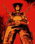  abs black_lagoon breasts commentary cowboy cowboy_hat cowboy_western cowgirl_(western) english_commentary envivum gun handgun hat highres large_breasts revy_(black_lagoon) tank_top tattoo toned toned_female tribal_tattoo weapon 