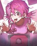  1girl brain breasts chainsaw_man cosmo_(chainsaw_man) dangling_eye drooling exposed_brain eyeball heart heart-shaped_pupils highres medium_breasts open_mouth pink_hair pink_shirt sakuranuts00 saliva sharp_teeth shirt solo symbol-shaped_pupils teeth tongue tongue_out 