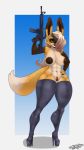  anthro athletic breasts canid canine clothing female footwear fox gun high_heels legwear lipstick looking_at_viewer makeup mammal nipples pussy ranged_weapon rumpaf_(artist) shoes solo standing thick_thighs thigh_highs weapon 