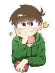  1boy :3 antenna_hair blush brown_hair can cola commentary_request cropped_torso drawstring drink drink_can edd_(eddsworld) eddsworld fewer_digits green_eyes green_hoodie hair_behind_ear hand_on_own_face head_rest holding holding_can holding_drink hood hood_down hoodie long_sleeves looking_at_viewer male_focus paint_chat_(medium) roshii_(roshi_loshi_641) short_hair simple_background smile solo star_(symbol) swept_bangs white_background 