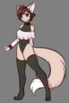  2016 absurd_res amelia_(scorpdk) anthro blue_eyes brown_hair canine clothed clothing dipstick_tail female fox gloves_(marking) grey_background hair hi_res legwear leotard looking_at_viewer mammal markings multicolored_tail scorpdk short_hair simple_background smile solo thigh_highs 