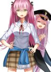  2girls absurdres aikawa_megumi black_hat clothes_around_waist green_eyes hat heaven_burns_red highres kr_woyue kunimi_tama multiple_girls neck_ribbon open_mouth pink_eyes pink_hair red_ribbon ribbon shirt simple_background skirt sweatdrop white_background white_shirt 