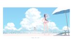  2girls \o/ absurdres alternate_costume arms_up beach beach_umbrella bikini blending blue_sky bokuhakiyoshi brown_hair chair cloud cocktail_glass cumulonimbus_cloud cup double_bun drinking_glass eyewear_on_head from_behind hair_bun hair_ribbon hanabusa_lisa highres lounge_chair multicolored_hair multiple_girls outstretched_arms pink_bikini pink_hair ponytail ribbon scenery sky split-color_hair standing standing_on_one_leg swimsuit tachibana_hinano twintails umbrella virtual_youtuber vspo! wide_shot 
