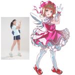  1girl angel_wings antenna_hair beret bow brown_hair cardcaptor_sakura chinese_commentary collared_shirt commentary_request dot_nose dress fake_wings footwear_bow frilled_dress frilled_gloves frilled_sleeves frills full_body gloves green_eyes hair_intakes happy hat hat_bow highres kinomoto_sakura kinomoto_sakura_(magician) kneehighs magical_girl making-of_available medium_dress open_mouth photo-referenced pink_bow pink_dress pink_hat pleated_dress puffy_short_sleeves puffy_sleeves red_bow red_shoes reference_inset shirt shirt_under_dress shoes short_hair_with_long_locks short_sleeves sidelocks simple_background sleeve_bow smile socks solo standing teeth upper_teeth_only white_background white_bow white_gloves white_shirt white_socks white_wings wings wrist_bow xiao_wubu_ai_huluobo 