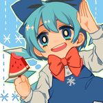  blue_dress blue_eyes blue_hair cirno dress food fruit hair_ribbon harrymiao highres ice ice_wings long_sleeves open_mouth popsicle ribbon short_hair smile snowflakes solo touhou upper_body watermelon watermelon_bar wings 