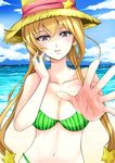  absurdres beach bikini blonde_hair blue_sky blush breasts cleavage cloud day earrings hat highres jewelry long_hair medium_breasts ocean original outdoors outstretched_hand sand sky smile solo star star_earrings straw_hat summer swimsuit ugly_ink water 