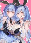  2girls :p animal_ears arm_up armpits black_leotard black_necktie blue_hair blue_skirt blush breasts card cleavage detached_collar fake_animal_ears hand_on_own_hip hololive large_breasts leotard leotard_under_clothes long_hair mother_and_child mother_and_daughter multiple_girls necktie one_eye_closed open_mouth parent_and_child pekomama playing_card rabbit_ears rabbit_tail red_eyes shirt shuri_(84k) skirt smile tail tongue tongue_out usada_pekora very_long_hair virtual_youtuber white_shirt wrist_cuffs 