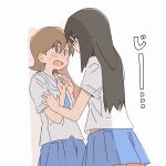  2girls @_@ aioi_yuuko blue_neckerchief blue_skirt blush brown_eyes brown_hair commentary eye_contact glasses hand_on_another's_face highres long_hair looking_at_another minakami_mai multiple_girls neckerchief nichijou open_mouth pleated_skirt sailor_collar school_uniform serafuku shirt short_hair simple_background skirt sweat white_background white_sailor_collar white_shirt wichimi yuri 