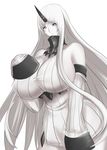  big_breasts breasts clothed clothing detached_sleeves female hair horn humanoid hybrid kantai_collection long_hair mokuzu monster not_furry pale_skin pose red_eyes seaport_princess solo tight_clothing white_hair 
