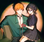  1boy 1girl black_bow black_dress black_hair black_pants black_ribbon bleach bow chain chain_leash closed_mouth collared_shirt dress fingerless_gloves flat_chest frown furrowed_brow gloves green_shirt hair_between_eyes hair_bow hetero highres holding holding_leash kuchiki_rukia kurosaki_ichigo leash medium_hair neck_ribbon orange_eyes orange_hair pants puffy_short_sleeves puffy_sleeves purple_eyes red_gloves ribbon shirt short_dress short_hair short_sleeves sitting sitting_on_lap sitting_on_person smile takenokoqvq tongue tongue_out 