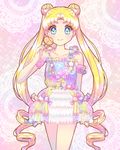  arm_behind_back bishoujo_senshi_sailor_moon blonde_hair blue_eyes candy chiroru_(uarmm) collarbone detached_sleeves double_bun dress food frilled_dress frills lollipop long_hair multicolored_shirt short_dress smile solo transparent tsukino_usagi twintails very_long_hair 