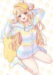  ._. 1girl :3 :d ahoge animal animal_background arm_behind_head arms_up baby_animal bird blonde_hair blush bow chick chocho_(homelessfox) commentary dot_nose eggshell eggshell_hat fluffy_clothes full_body hair_bow hair_bun hair_flowing_over hair_ornament hat highres holding_own_hair hololive hololive_dev_is long_hair looking_at_viewer musical_note musical_note_hair_ornament nightcap official_alternate_costume official_alternate_hairstyle one_side_up open_mouth otonose_kanade pastel_colors patterned_background pom_pom_(clothes) pom_pom_hair_ornament raised_eyebrows red_eyes sidelocks single_hair_bun sitting sleep_mask sleepwear smile socks solid_oval_eyes solo squeans striped_clothes striped_socks striped_sweater stuffed_animal stuffed_bird stuffed_toy sweater swept_bangs thighs untranslatable_commentary wariza white_bow yellow_bird 