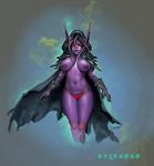  2017 blizzard_entertainment breasts cape clothing cronart elf female gloves horde humanoid mammal nipples panties pointy_ears red_eyes simple_background solo standing sylvanas_windrunner underwear video_games warcraft 