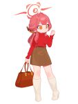  1girl absurdres alternate_costume aru_(blue_archive) bag blue_archive boots breasts brown_bag brown_skirt casual closed_mouth commentary earrings full_body handbag high_heel_boots high_heels highres jewelry knee_boots long_hair long_sleeves medium_breasts monster_l_(hochihochiha) orange_eyes pink_hair red_eyes red_hair red_sweater simple_background skirt socks solo sweater white_background white_boots 