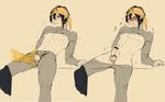  2boys blush bulge erection flat_color male_focus multiple_boys muscle nipples penis sitting testicle touken_ranbu undressing wince yaoi 