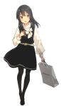  1girl bag black_dress black_hair black_pantyhose commentary_request dress full_body hair_ornament hairclip hand_on_own_chest highres kantai_collection long_hair official_alternate_costume official_art oyashio_(kancolle) oyashio_(mitsukoshi)_(kancolle) pantyhose shopping_bag solo sweater third-party_source white_sweater yellow_eyes 