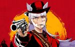 1girl absurdres aiming algoholic animal_ears arthur_morgan arthur_morgan_(cosplay) artist_name bullet cosplay cowboy cowboy_hat gold_ship_(umamusume) gun hat highres holding holding_gun holding_weapon non-web_source red_dead_redemption_(series) red_dead_redemption_2 revolver serious umamusume weapon 