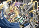  black_armor blue_cape cape claws digimon digimon_x-evolution dragon dual_wielding gem gold_armor green_eyes helmet highres holding horns knight monster no_humans ouryumon purple_hair red_eyes shoulder_pads sword teeth torn_cape weapon white_cape wings zero_unit zeta_(kyokugen) 