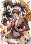  anjanikorry apple bone book brown_hair death_note death_note_(object) demon flower food fruit glowing glowing_eyes grin highres holding holding_book holding_food holding_fruit jewelry looking_at_object necktie orange_eyes red_necktie ring rose ryuk school_uniform sharp_teeth shinigami skull smile smirk solo spiked_hair suit teeth white_background yagami_light 