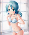  00s 1girl :&lt; alternate_hairstyle aqua_eyes aqua_hair blush bra cameltoe curtains eyebrows_visible_through_hair eyes_visible_through_hair flying_sweatdrops hatsune_miku indoors kazu-chan long_hair looking_at_viewer panties polka_dot polka_dot_bra polka_dot_panties short_twintails solo tattoo twintails underwear underwear_only vocaloid window 