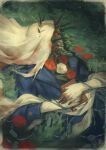  1boy blue_coat charon_(reverse:1999) coat dog_tags flower gloves grass highres holding holding_dog_tags holding_notebook jacknguyenart lying male_focus notebook object_head on_back on_ground poppy_(flower) red_flower reverse:1999 solo upper_body veil white_flower white_gloves white_veil 